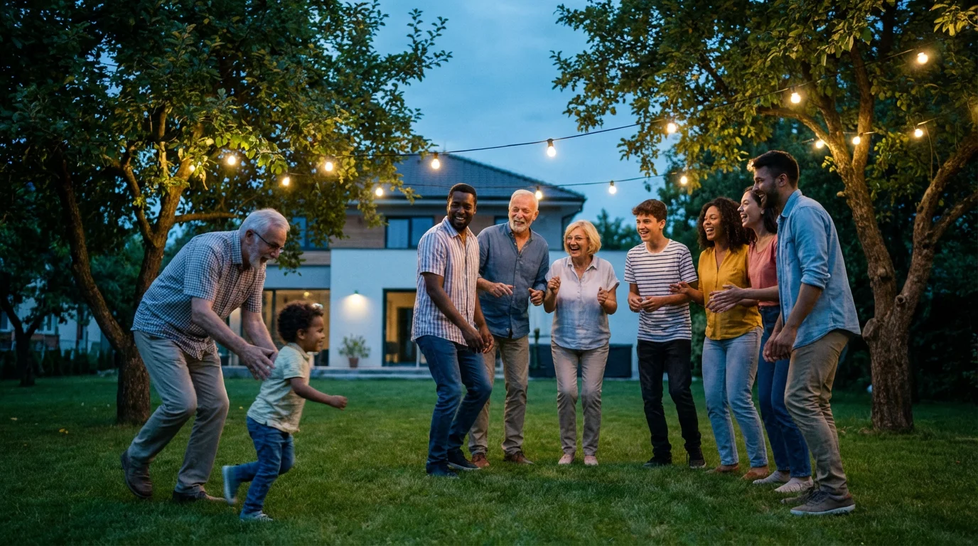 A large, multi-generational family laughing and playing in a backyard at dusk.