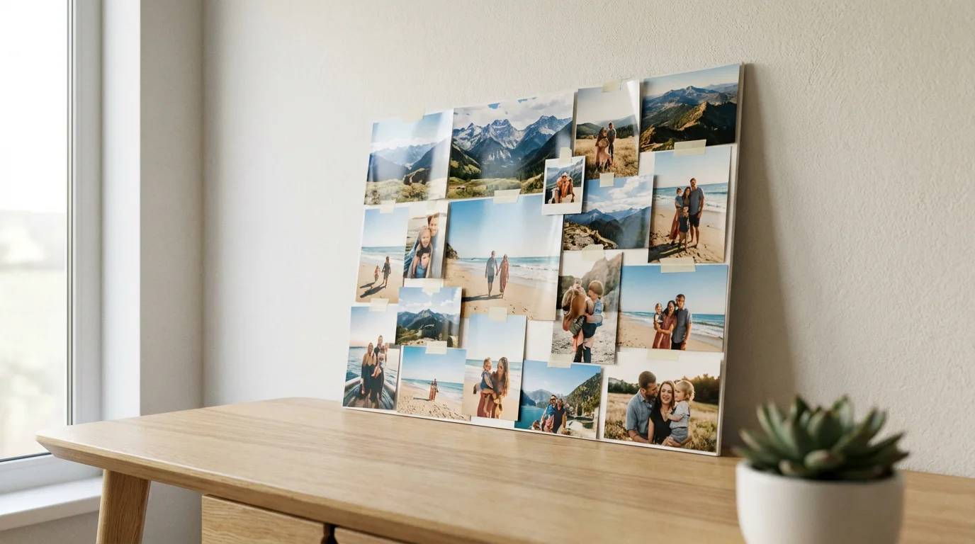A large, physical photo collage of travel memories resting on a wooden desk.