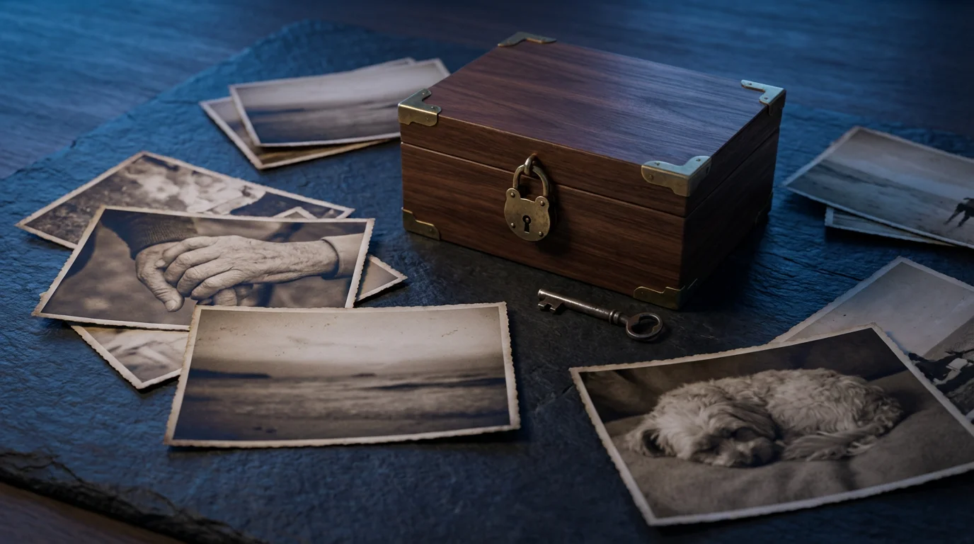 A locked wooden box and key resting on top of scattered personal photographs.
