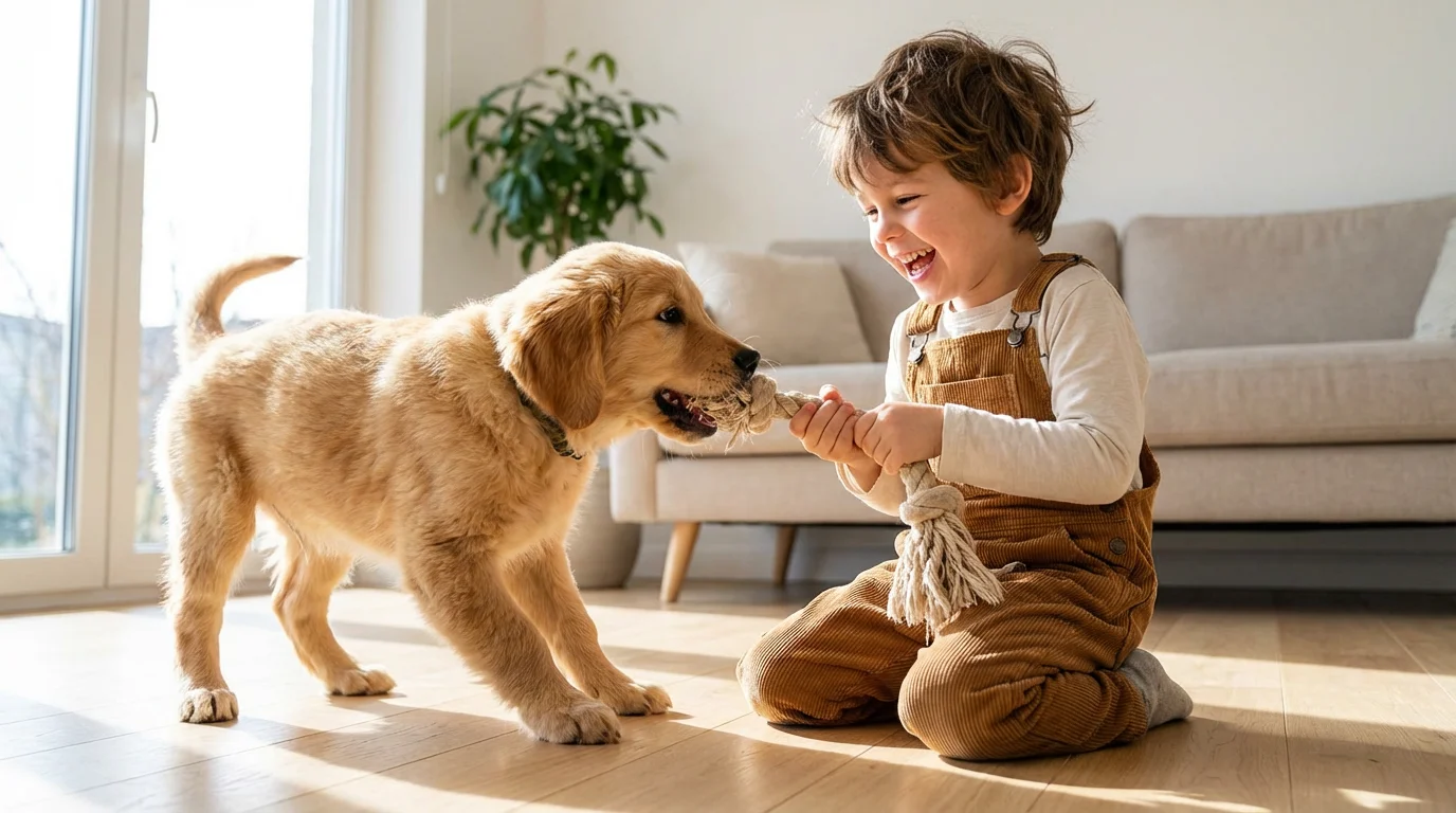 A low angle action shot of a young boy and a puppy playing tug-of-war.