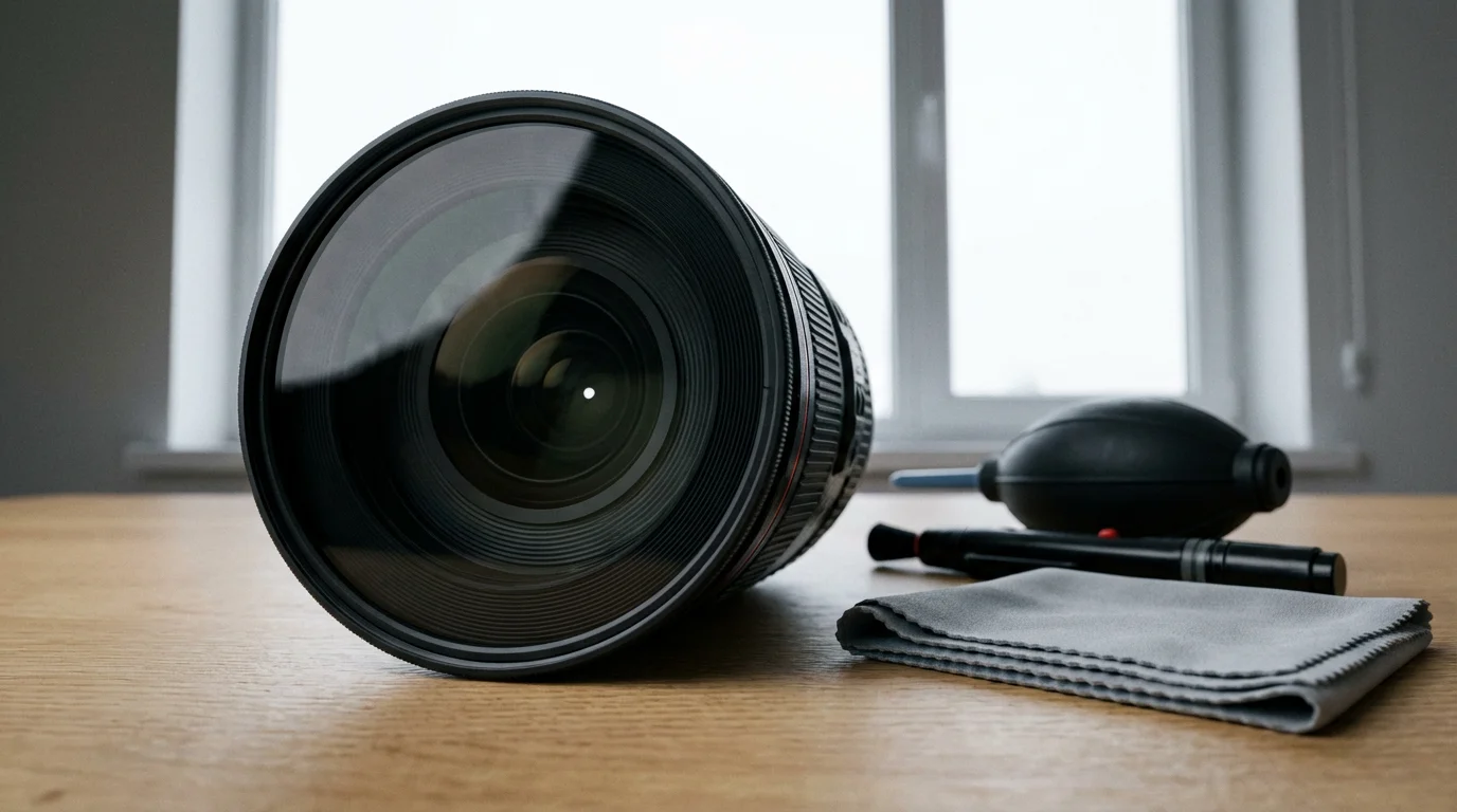 A low-angle close-up of a camera lens, filter, and professional cleaning kit on a table.