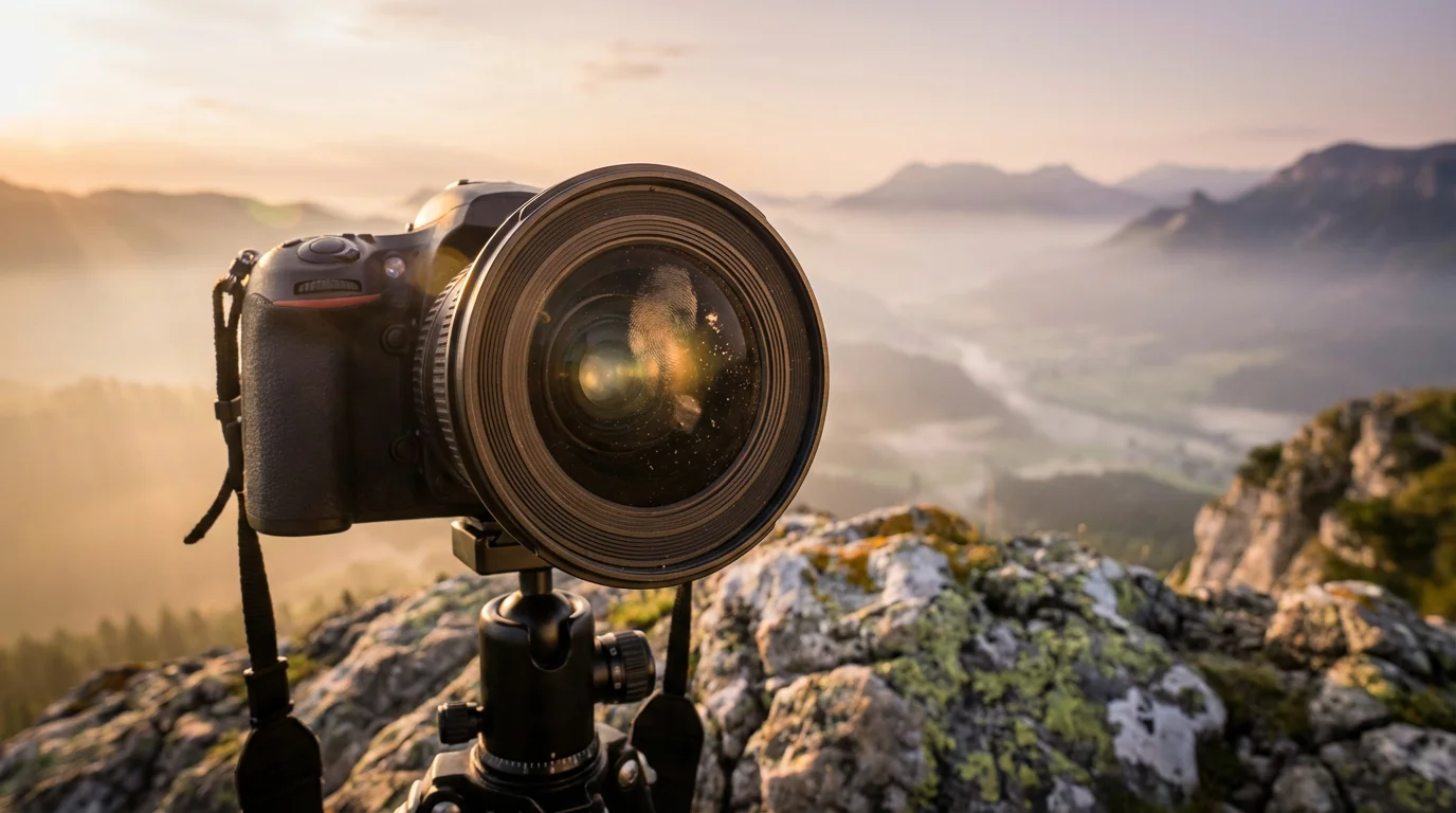 A low angle close-up of a dirty, smudged camera lens with a sunrise background.