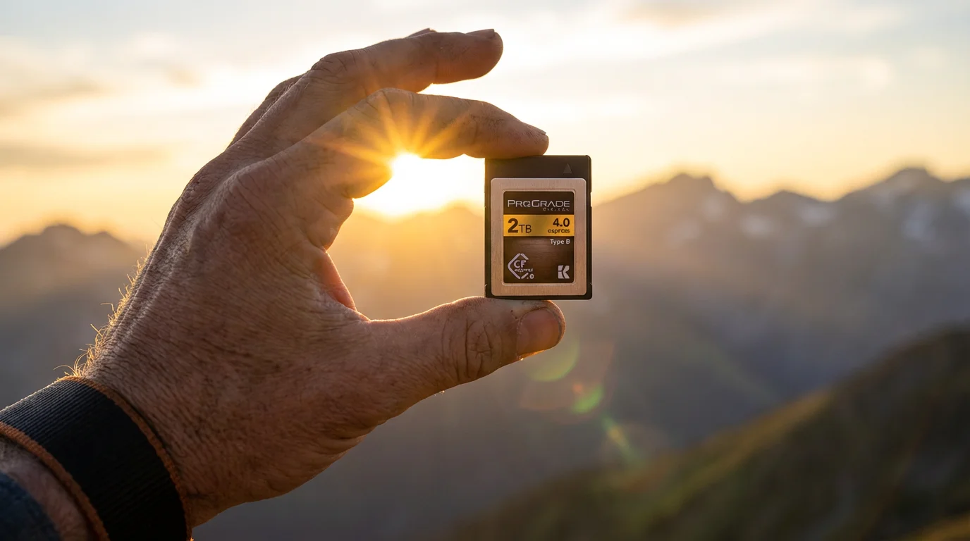 A low-angle close-up of a hand holding a CFexpress memory card during sunset.