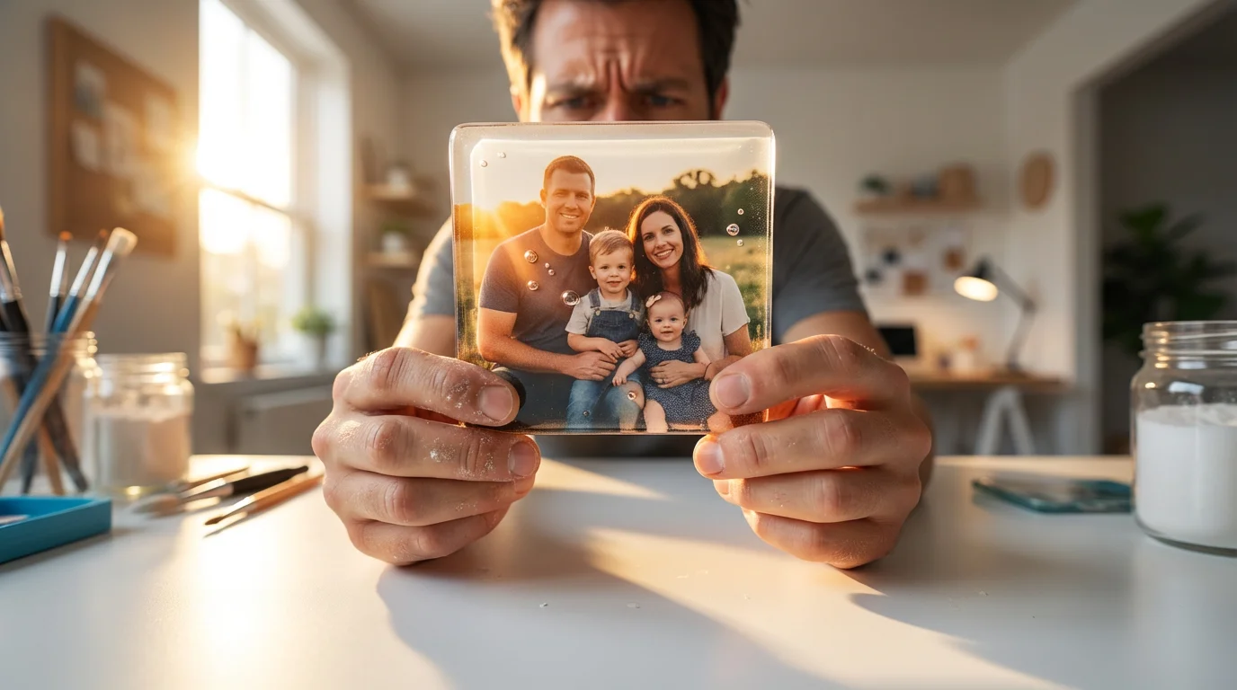 A low angle close-up of hands examining air bubbles in a DIY photo coaster.