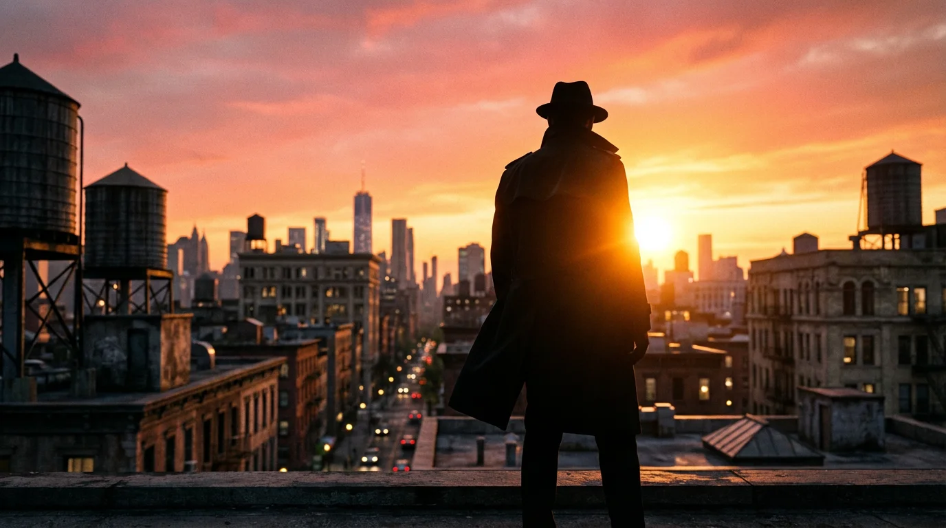 A low angle photo of a person's silhouette on a city rooftop during golden hour.