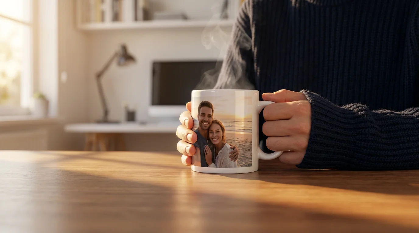 A low angle photograph of a person holding a custom photo mug at a desk.