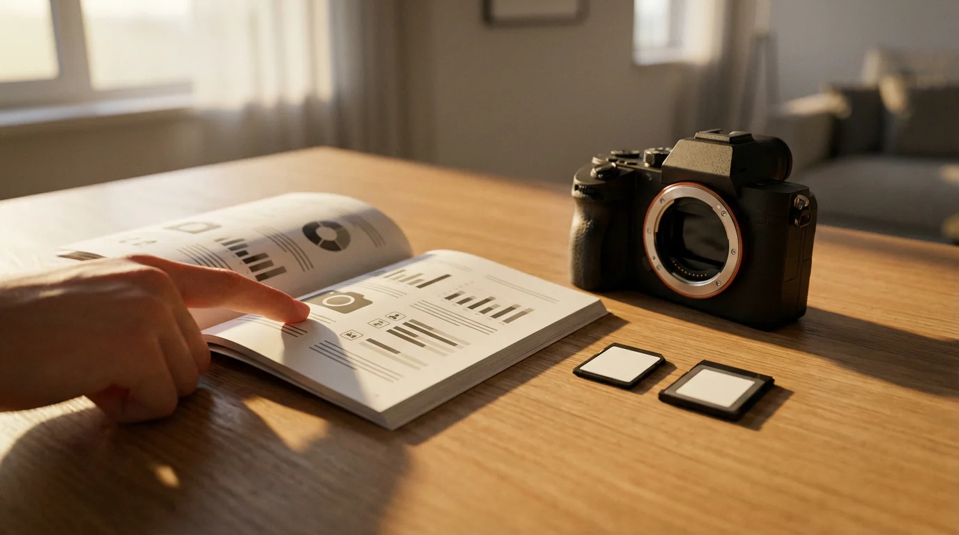 A low angle shot of a camera manual, a camera, and memory cards.