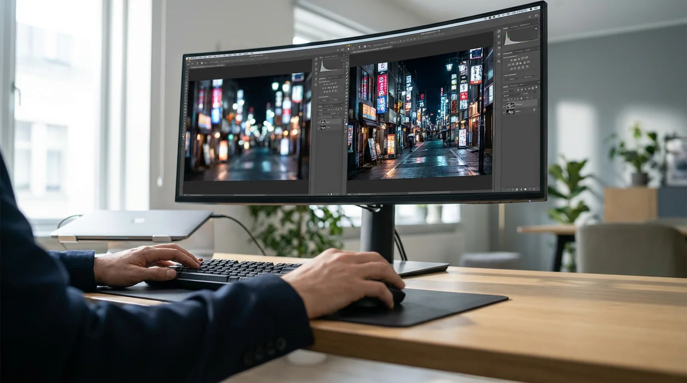 A low angle shot of a desktop computer showing software sharpening a blurry photo.