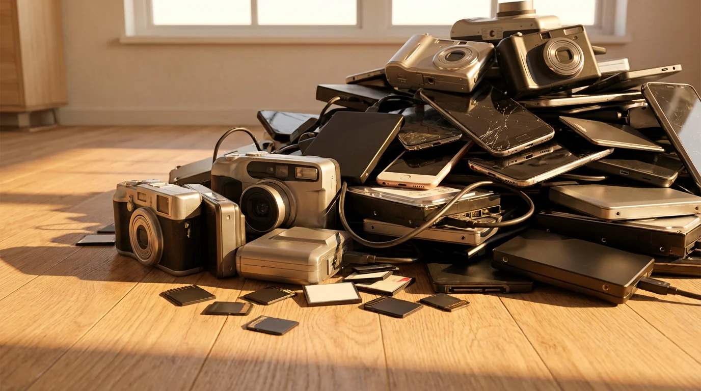 A low angle shot of a large pile of old digital cameras and hard drives.