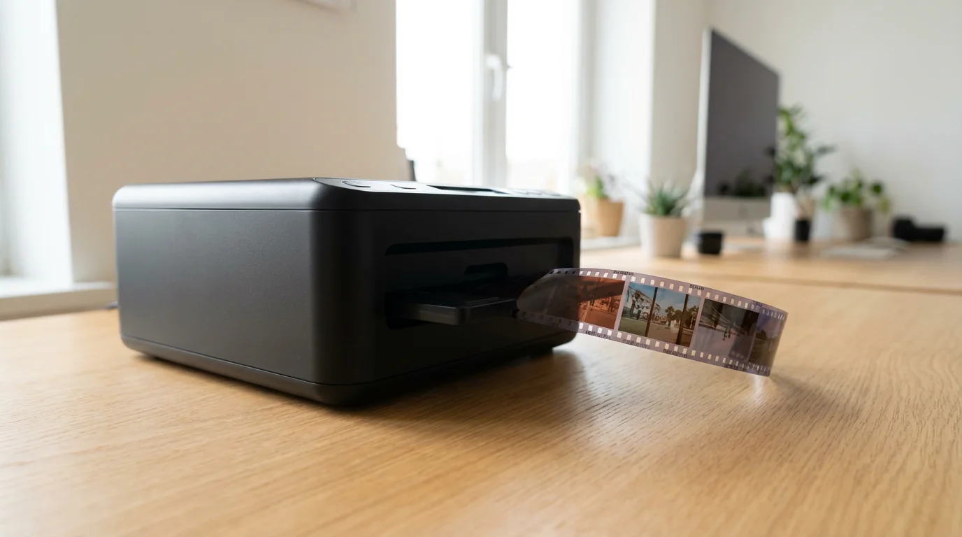 A low angle shot of a modern film scanner digitizing a 35mm negative strip.