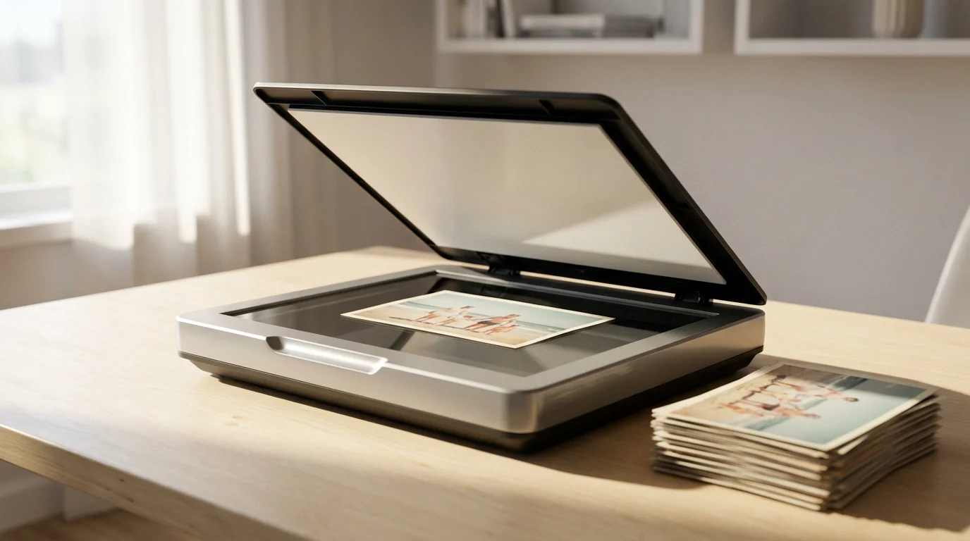 A low angle shot of a modern flatbed scanner with a vintage photo inside.