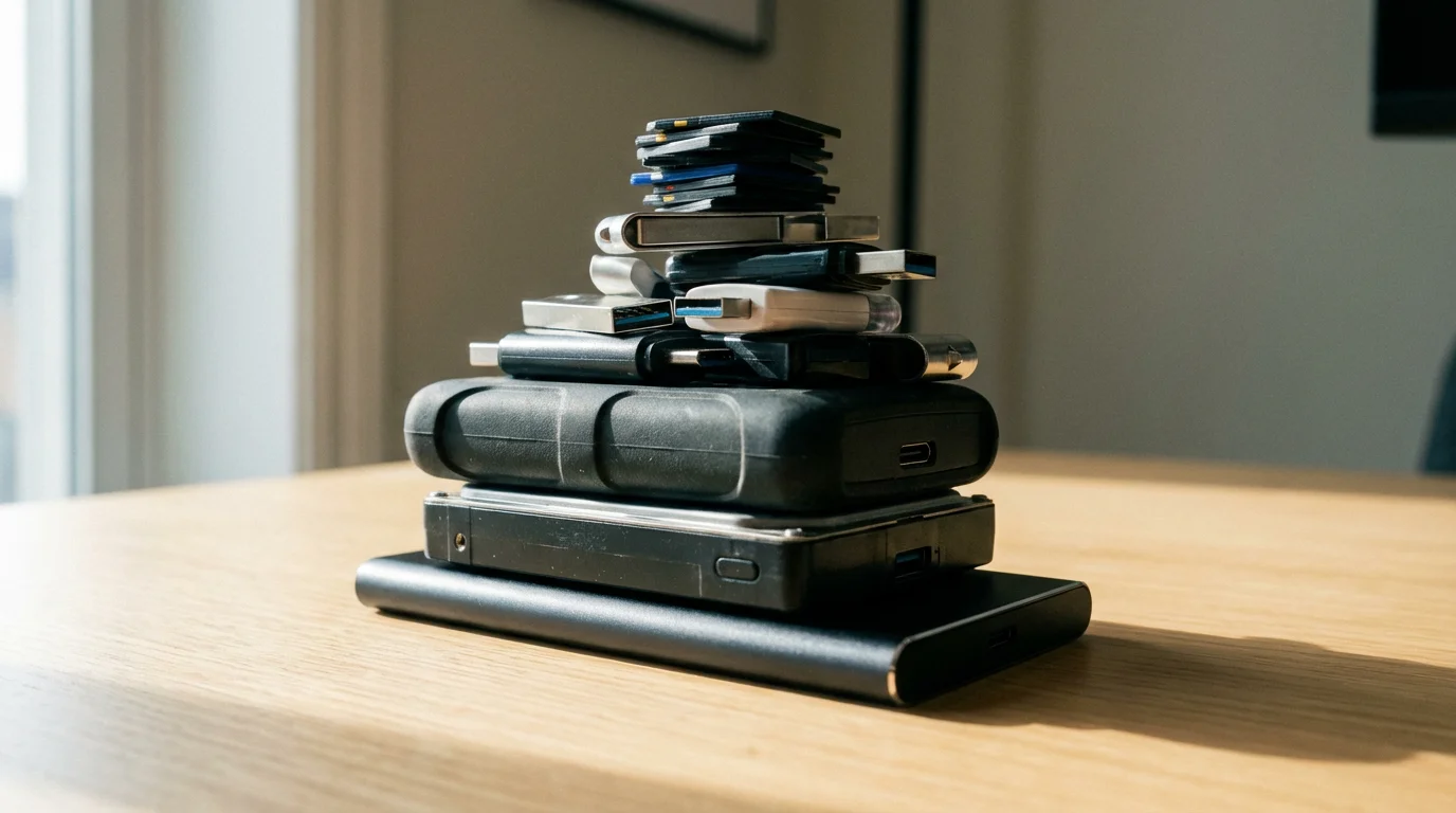 A low angle shot of a tall, neat stack of various hard drives and memory cards.
