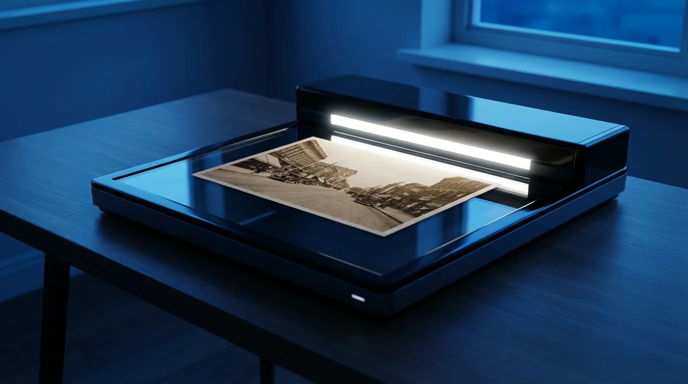 A low angle shot of a vintage photograph being digitized on a modern flatbed scanner.