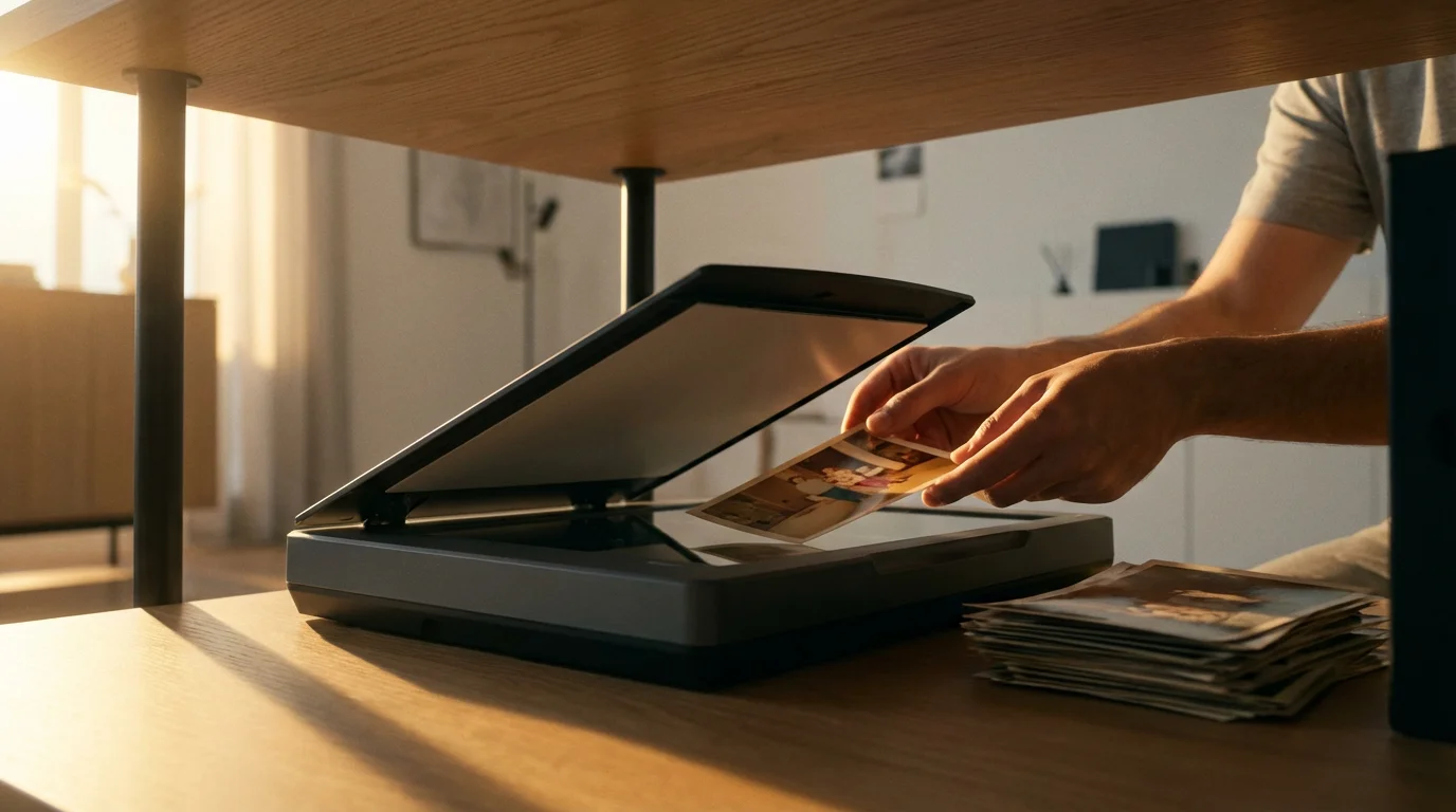 A low angle shot of hands digitizing a vintage photograph on a flatbed scanner.