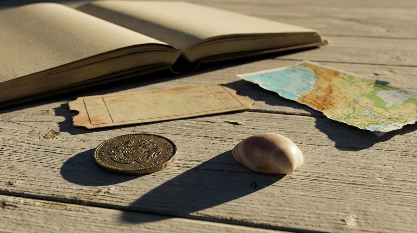 A low angle shot of travel mementos like a coin, ticket, and map on a table.