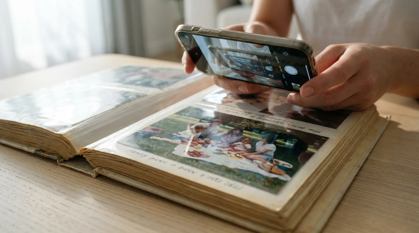A low angle shot showing a phone's glare reflecting on an old photo album.