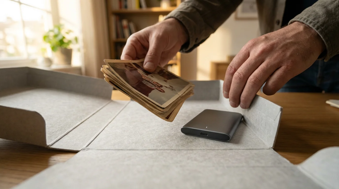 A low angle view from inside an archival box of hands placing vintage photos beside an SSD.