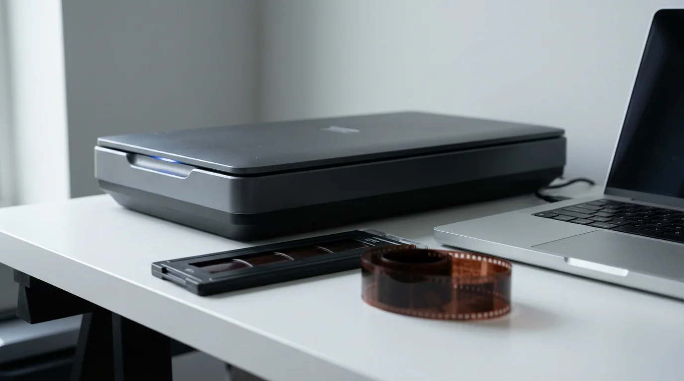 A low angle view of a flatbed scanner, laptop, and 35mm film negatives.