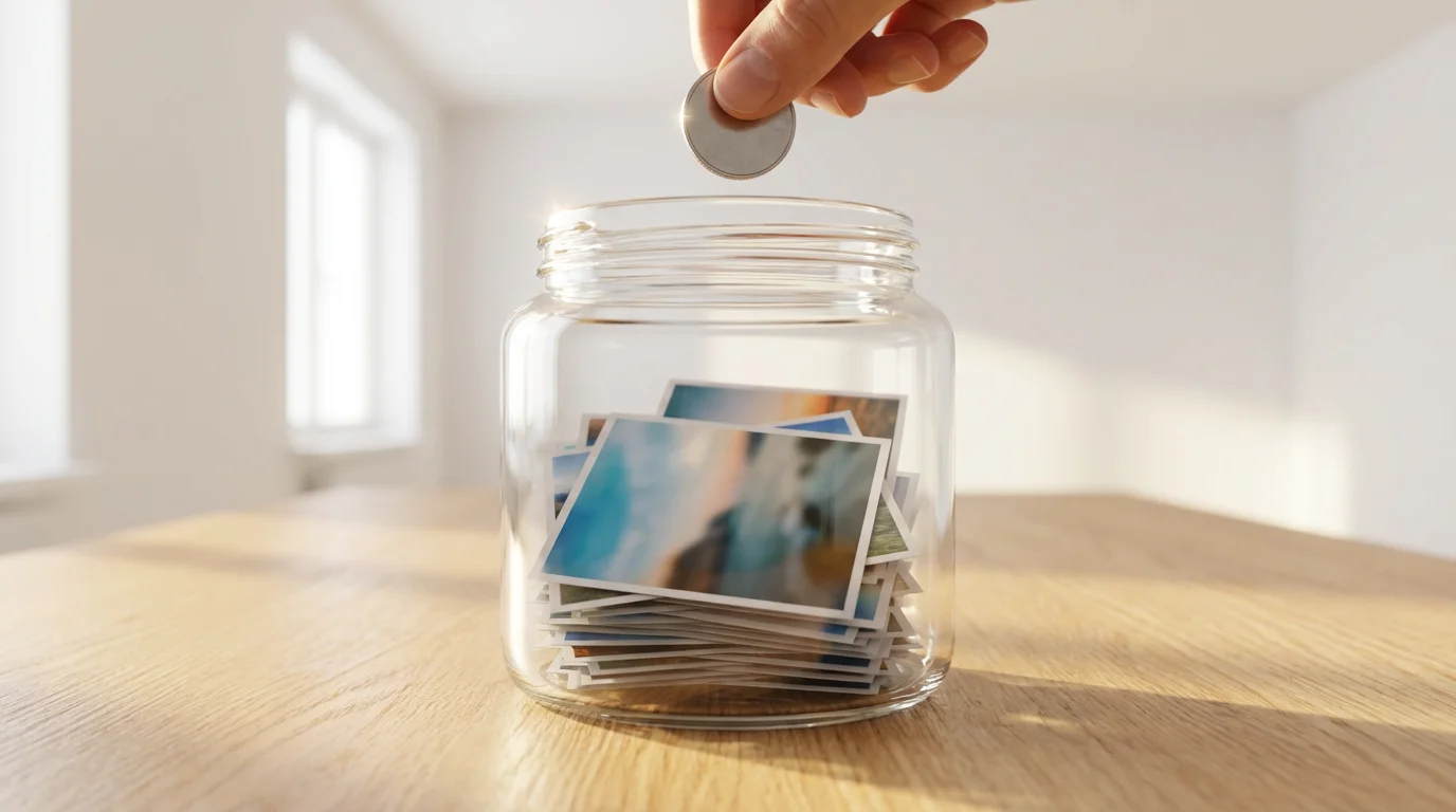 A low angle view of a hand dropping a single coin into a glass jar full of photographs.