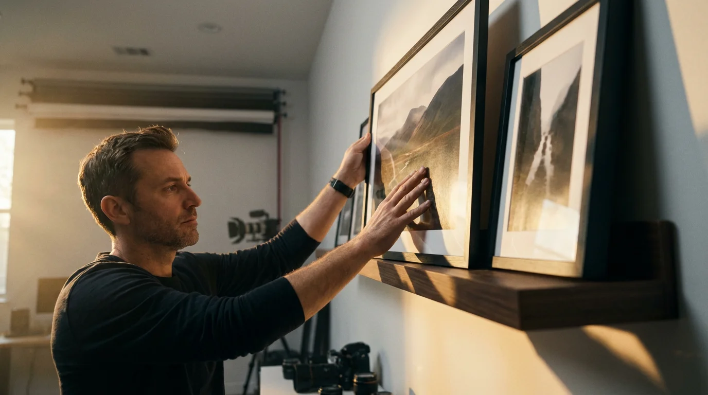 A low angle view of a man placing a framed photo on a shelf.