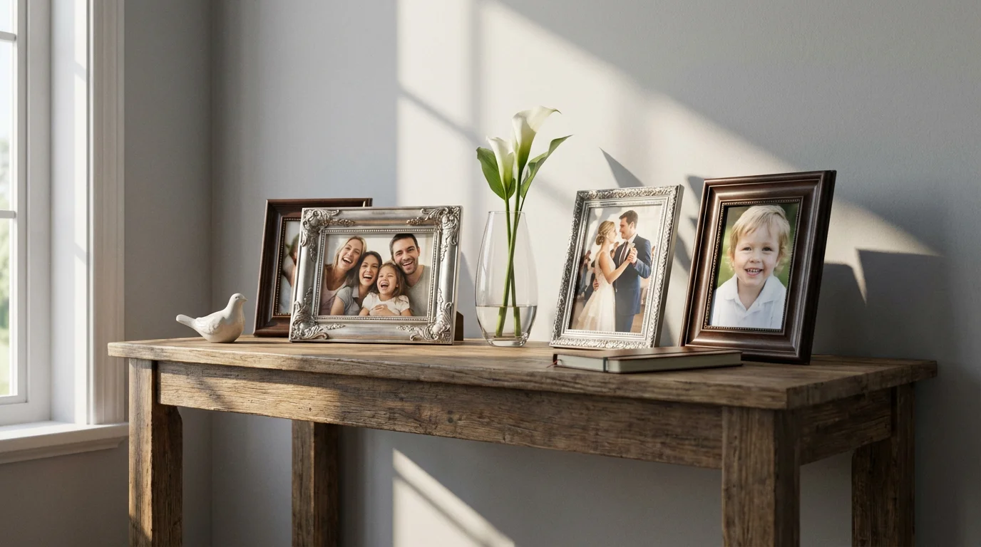 A low angle view of a memorial table with framed photos and a white lily.