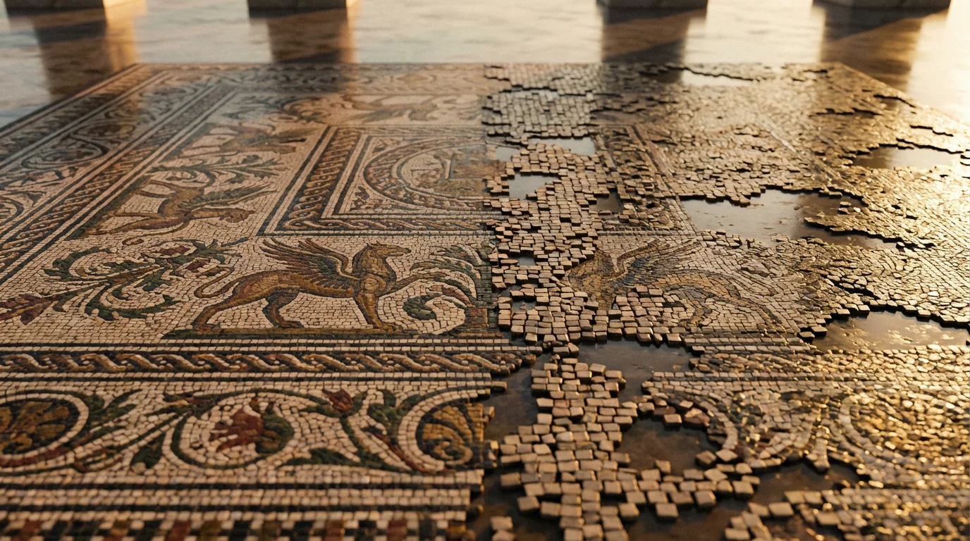 A low angle view of a mosaic tile, half complete and half missing pieces.