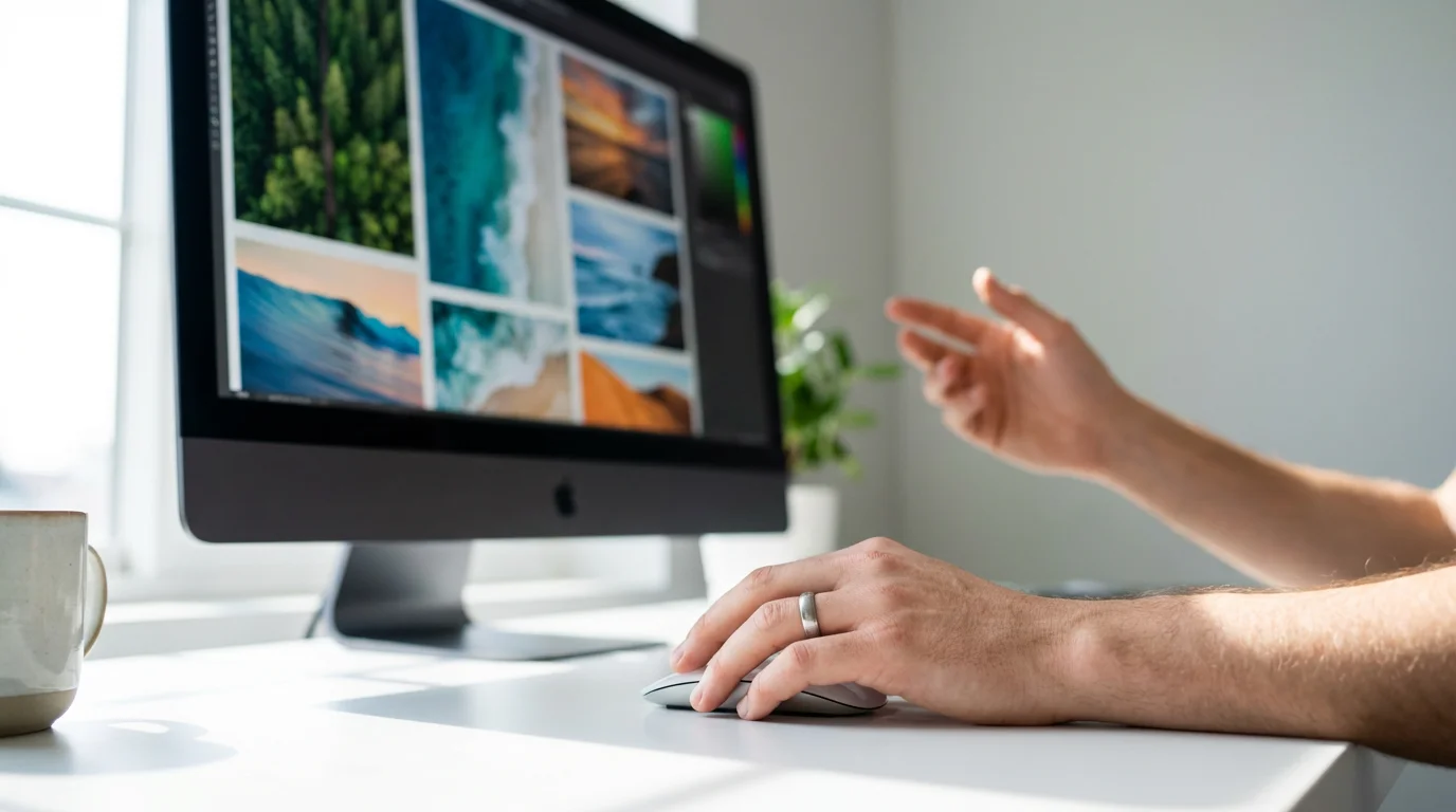 A low angle view of a person using a mouse to organize photos on a large monitor.