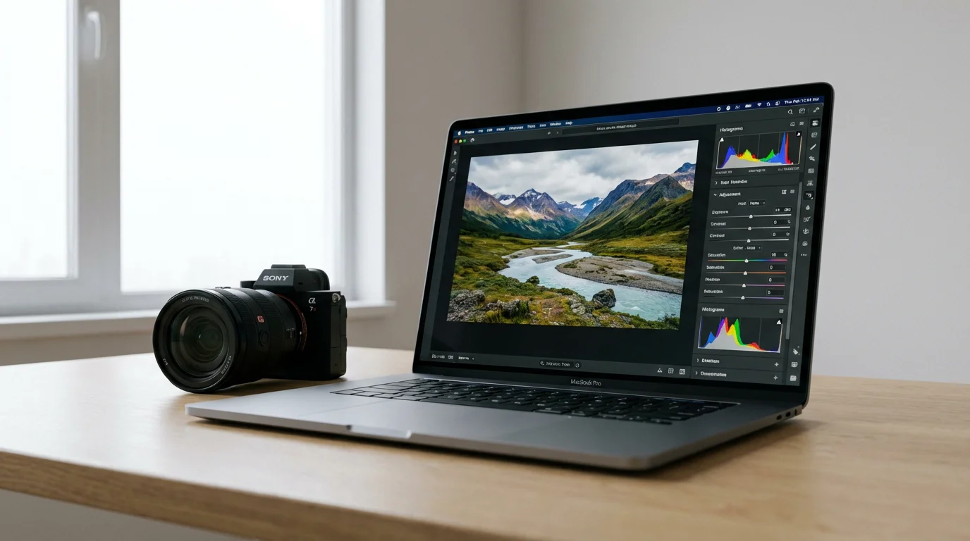 A low angle view of a professional camera and a laptop displaying photo editing software.