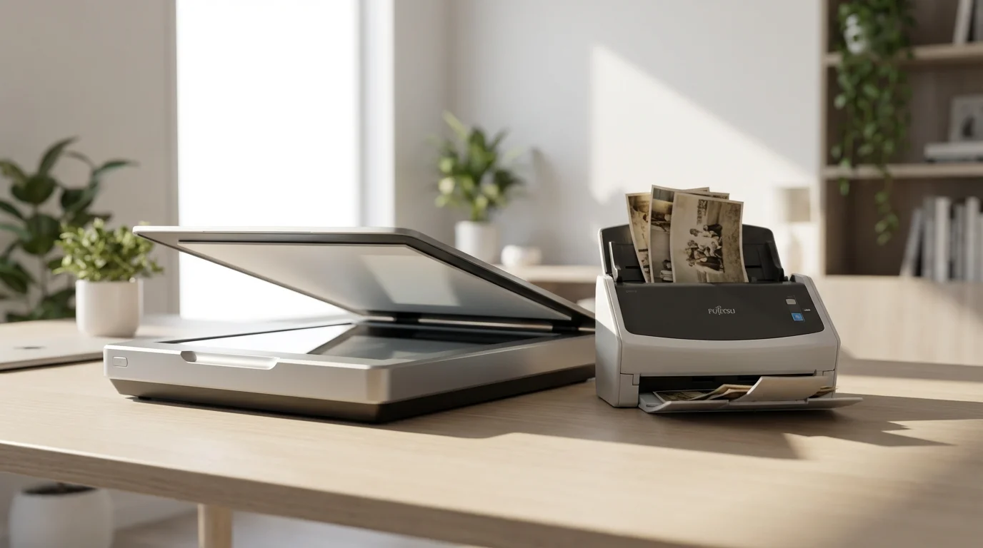 A low angle view of different types of photo scanners on a sunlit desk.