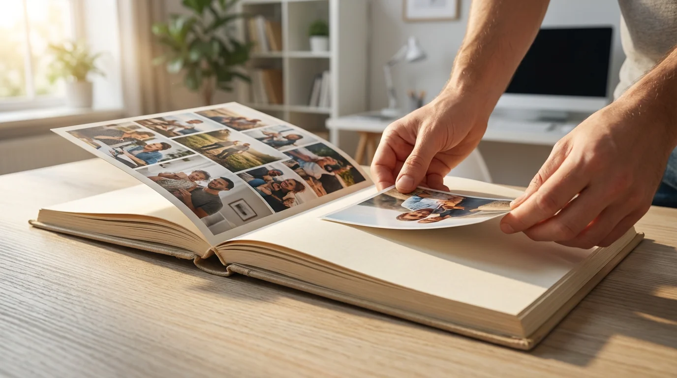 A low angle view of hands carefully arranging photographs in a beautiful year-in-review album.