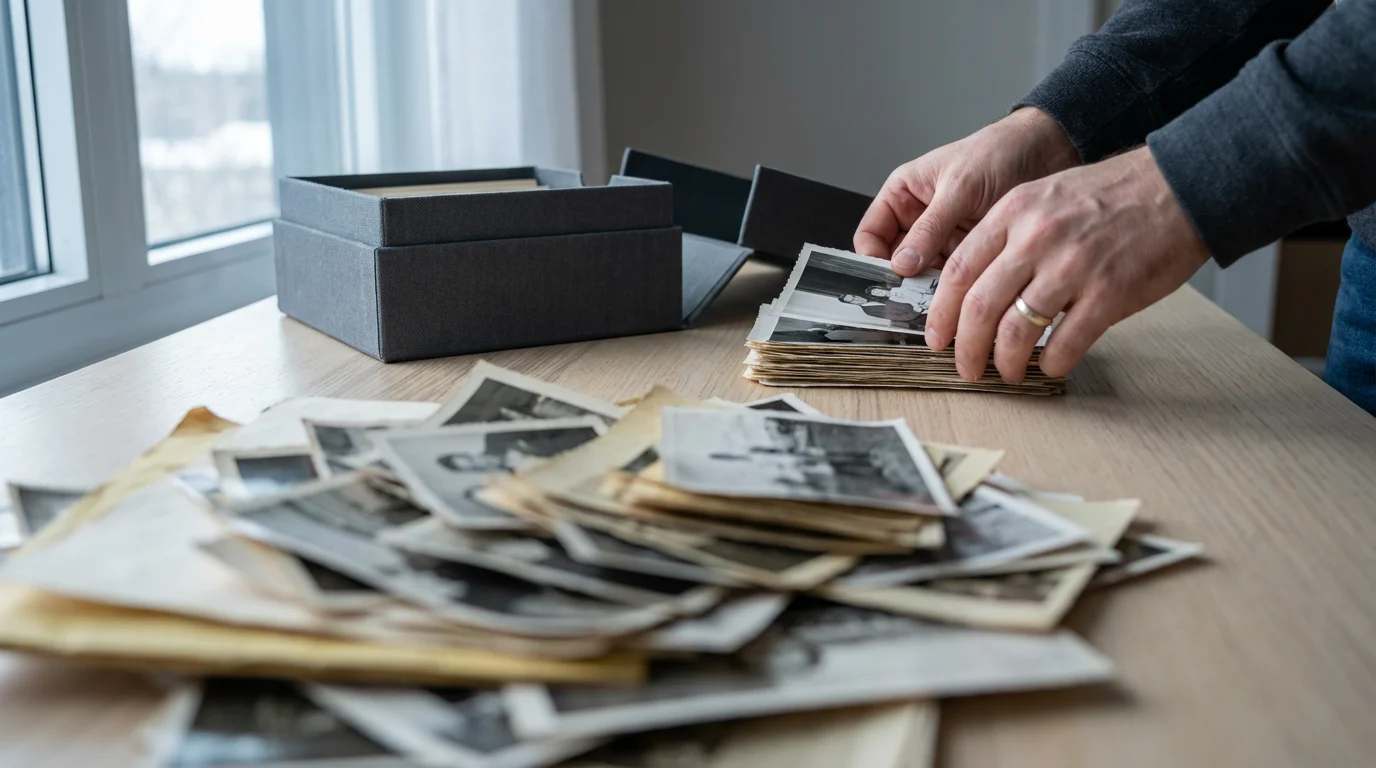 A low angle view of hands sorting a large pile of old photographs.