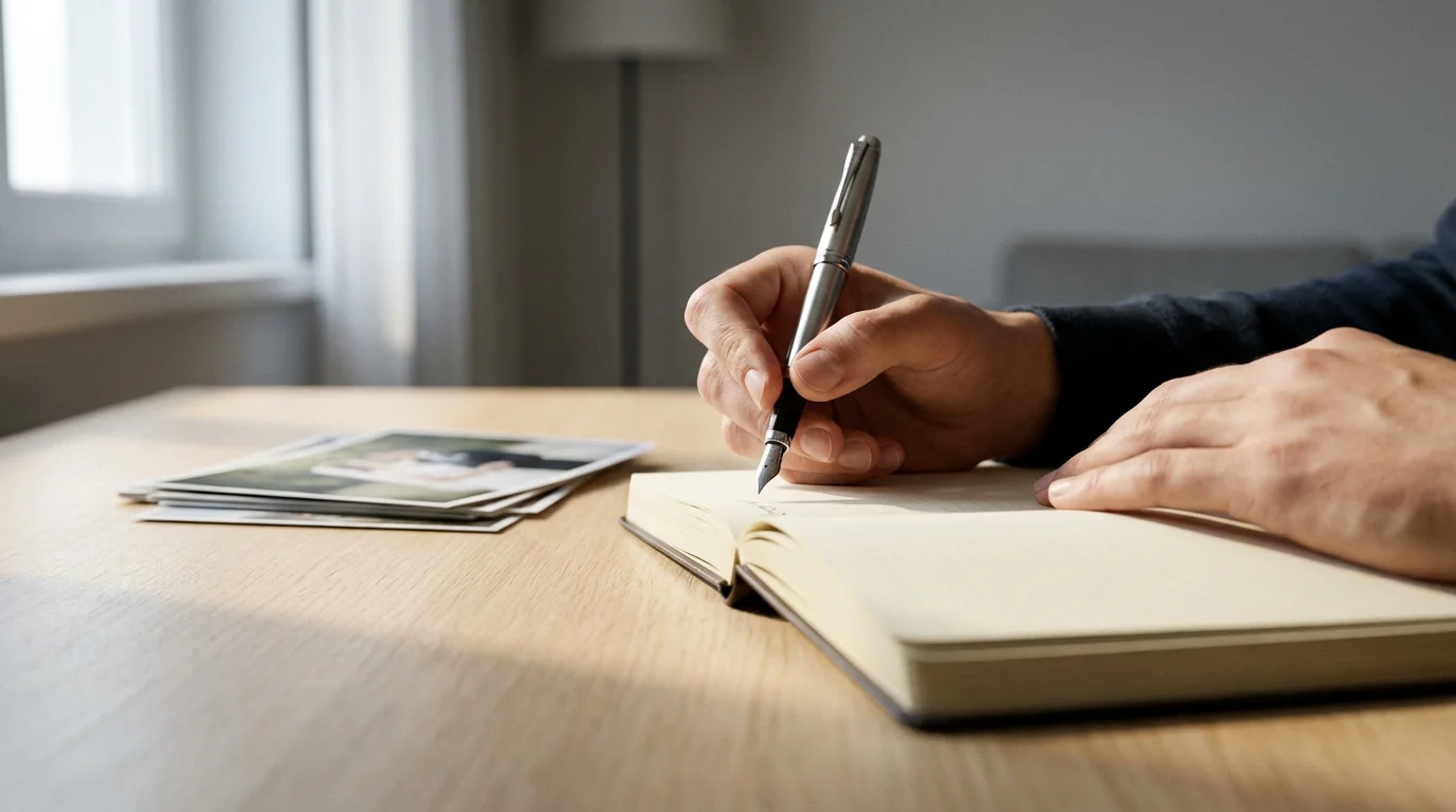 A low angle view of hands writing wedding album captions in a journal beside photos.