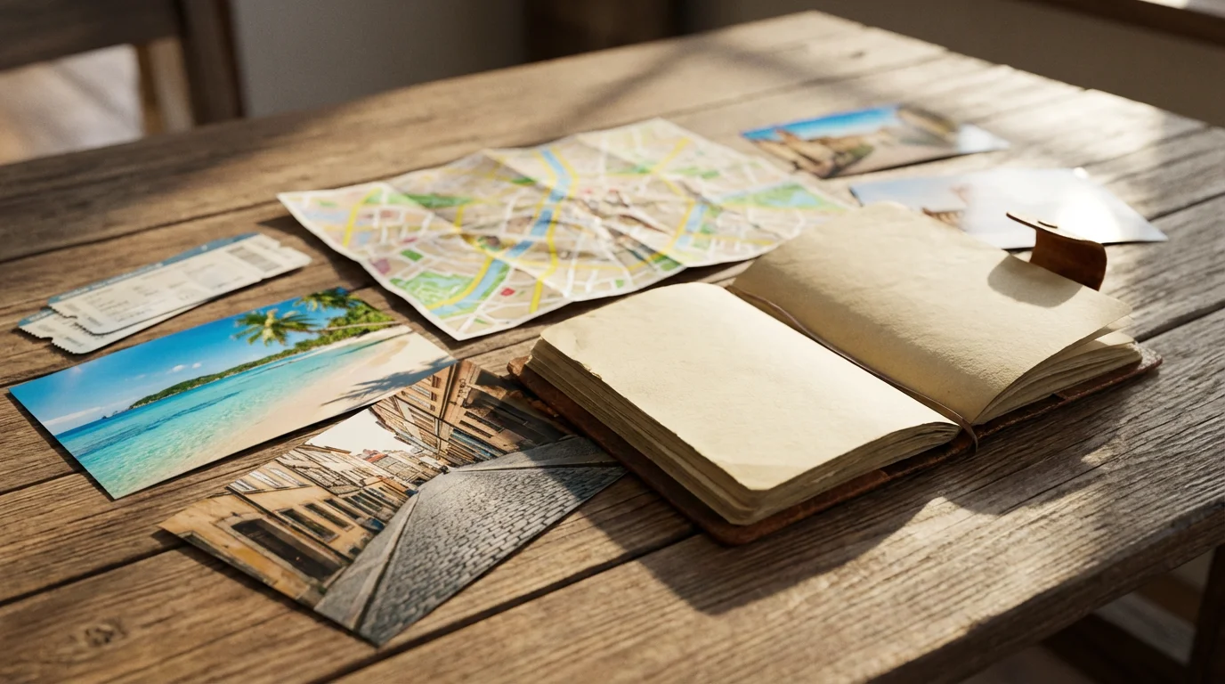 A low angle view of travel photos, a map, and tickets scattered beside a journal.