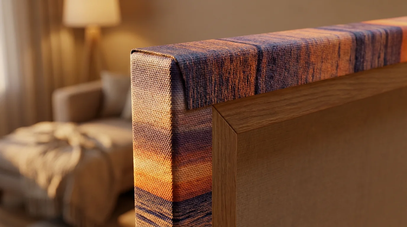 A macro close-up of a textured canvas photo print corner in warm light.