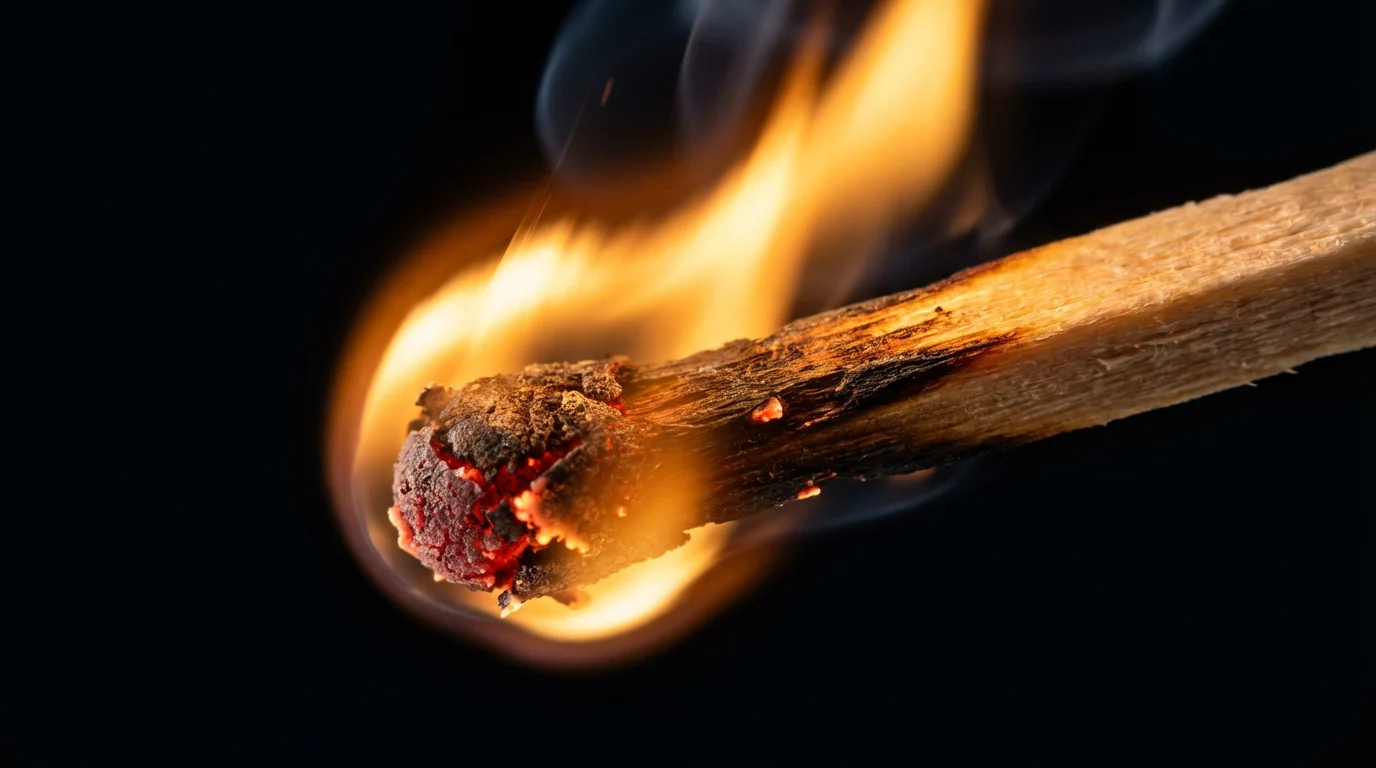 A macro photograph of a lit matchstick, its warm flame glowing in the dark.