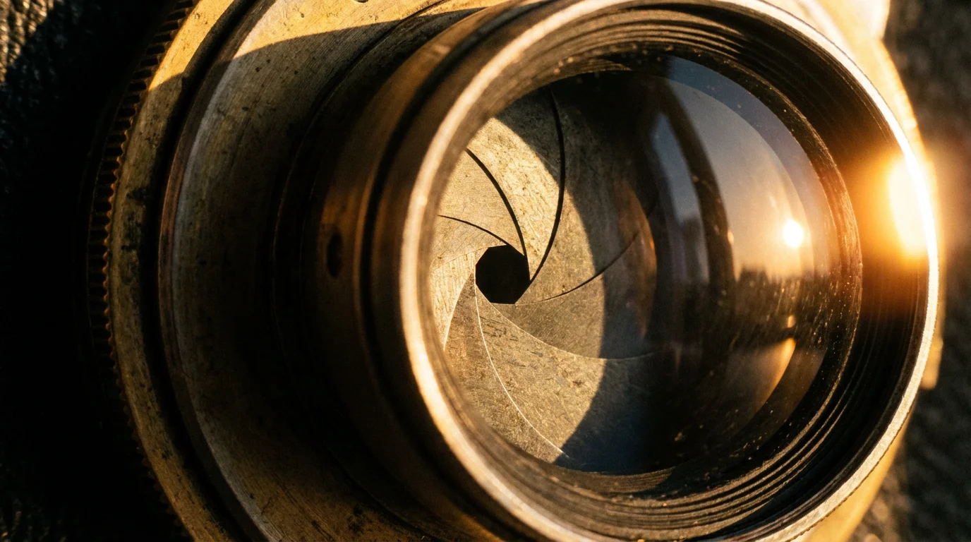 A macro photograph of camera lens aperture blades with dramatic afternoon light and shadow.