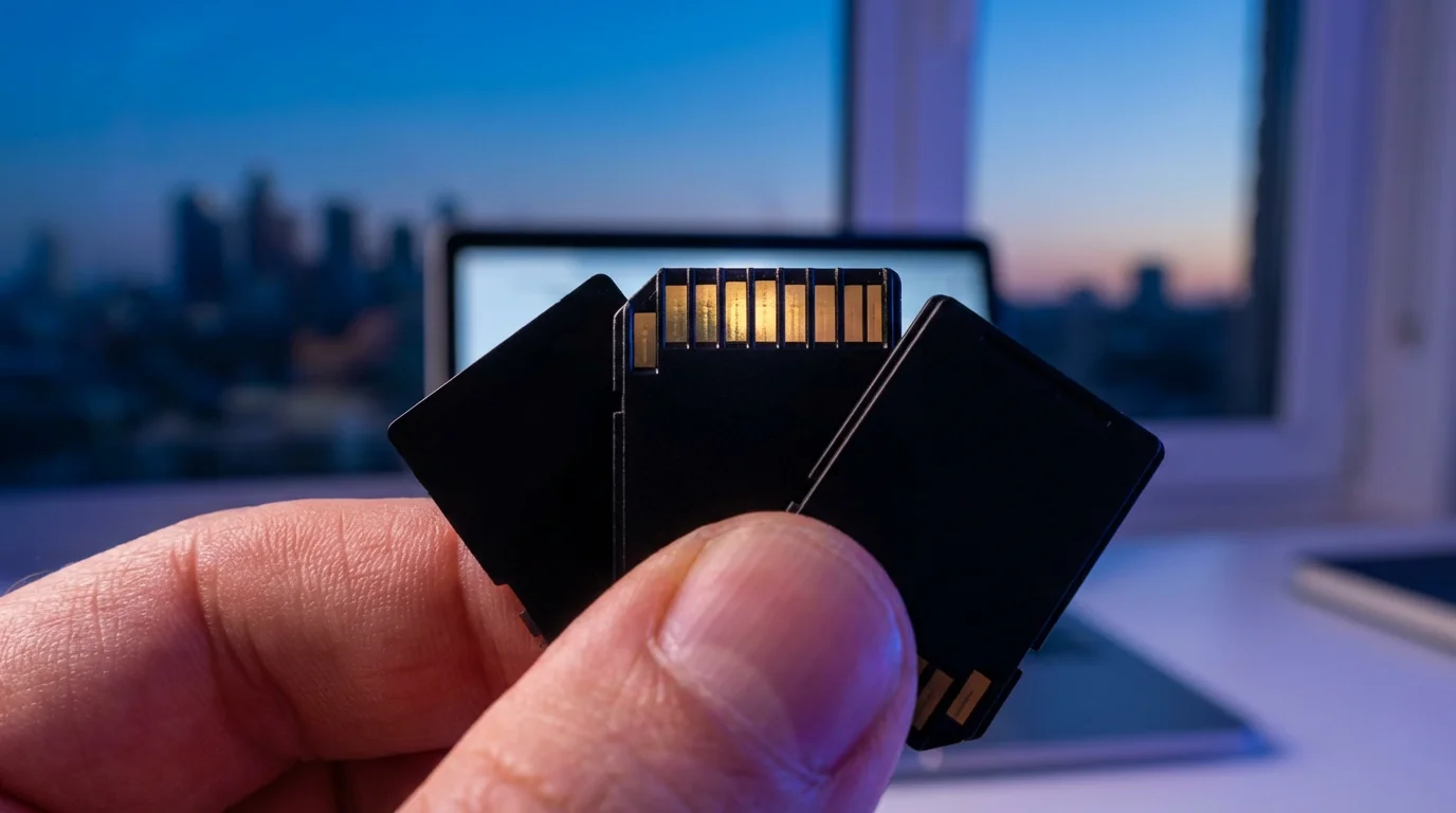 A macro photograph of three unbranded SD cards being held and compared at dusk.