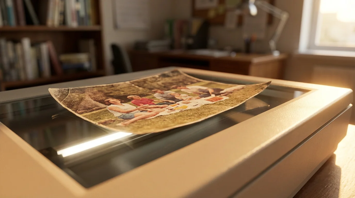 A macro photograph showing a vintage print being scanned on a flatbed photo scanner.