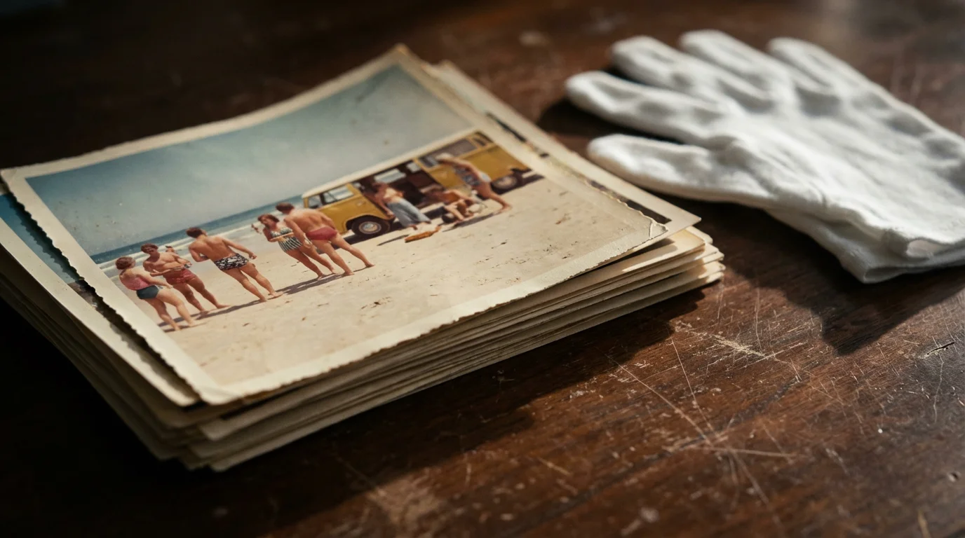 A macro shot of a stack of vintage photographs on a desk in afternoon light.