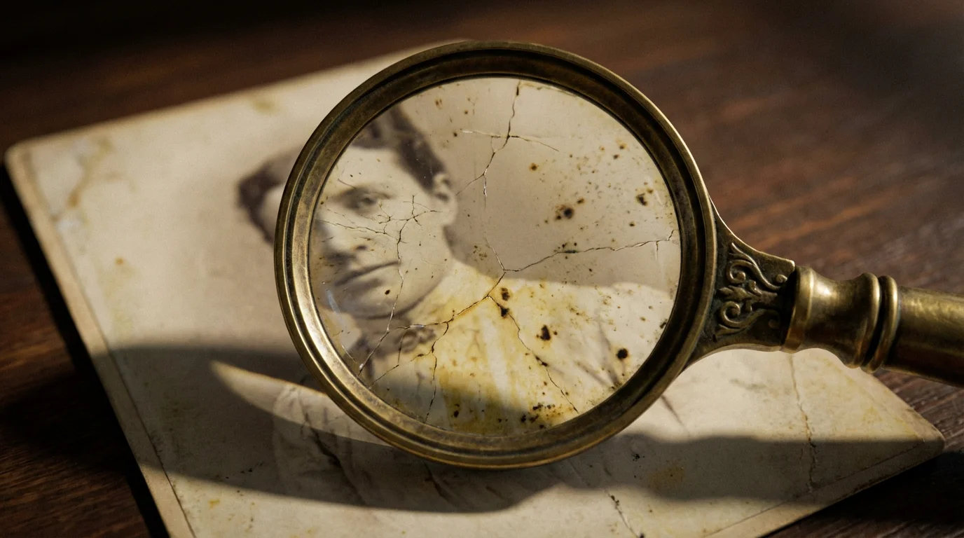 A magnifying glass closely inspecting the yellowing and cracks on an old photograph.