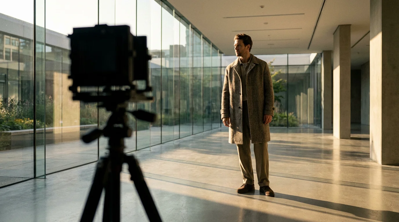 A man poses for a composed self-portrait in a modern, sunlit atrium.