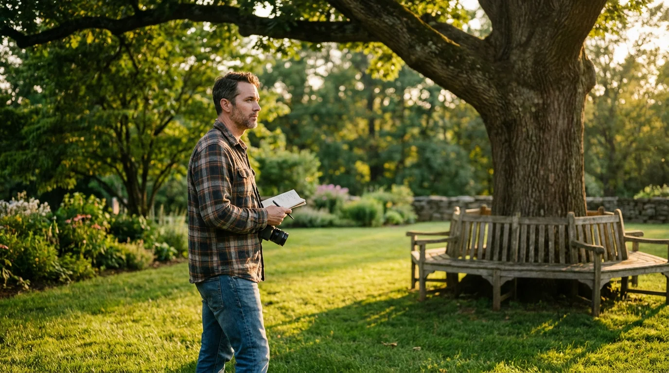 A man scouting a backyard location for a family photo during golden hour.