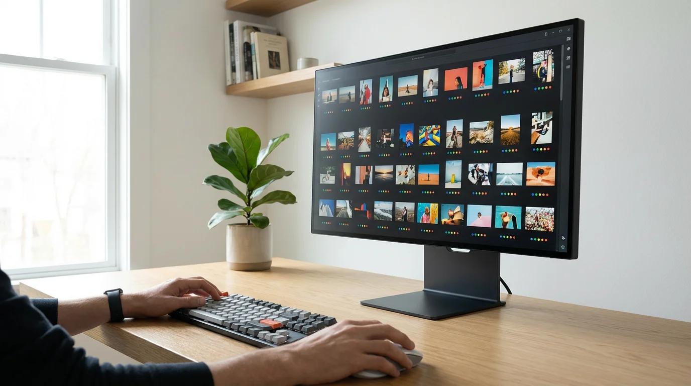 A minimalist home office with a large monitor showing photos organized by color-coded tags.