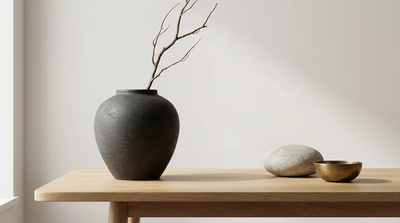 A minimalist still life showing a large dark vase balanced by smaller, lighter objects.