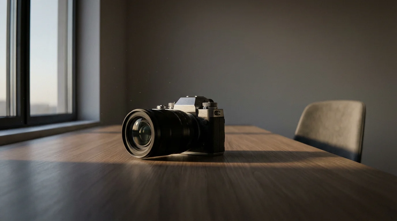 A mirrorless camera on a wooden desk bathed in soft, natural window light.