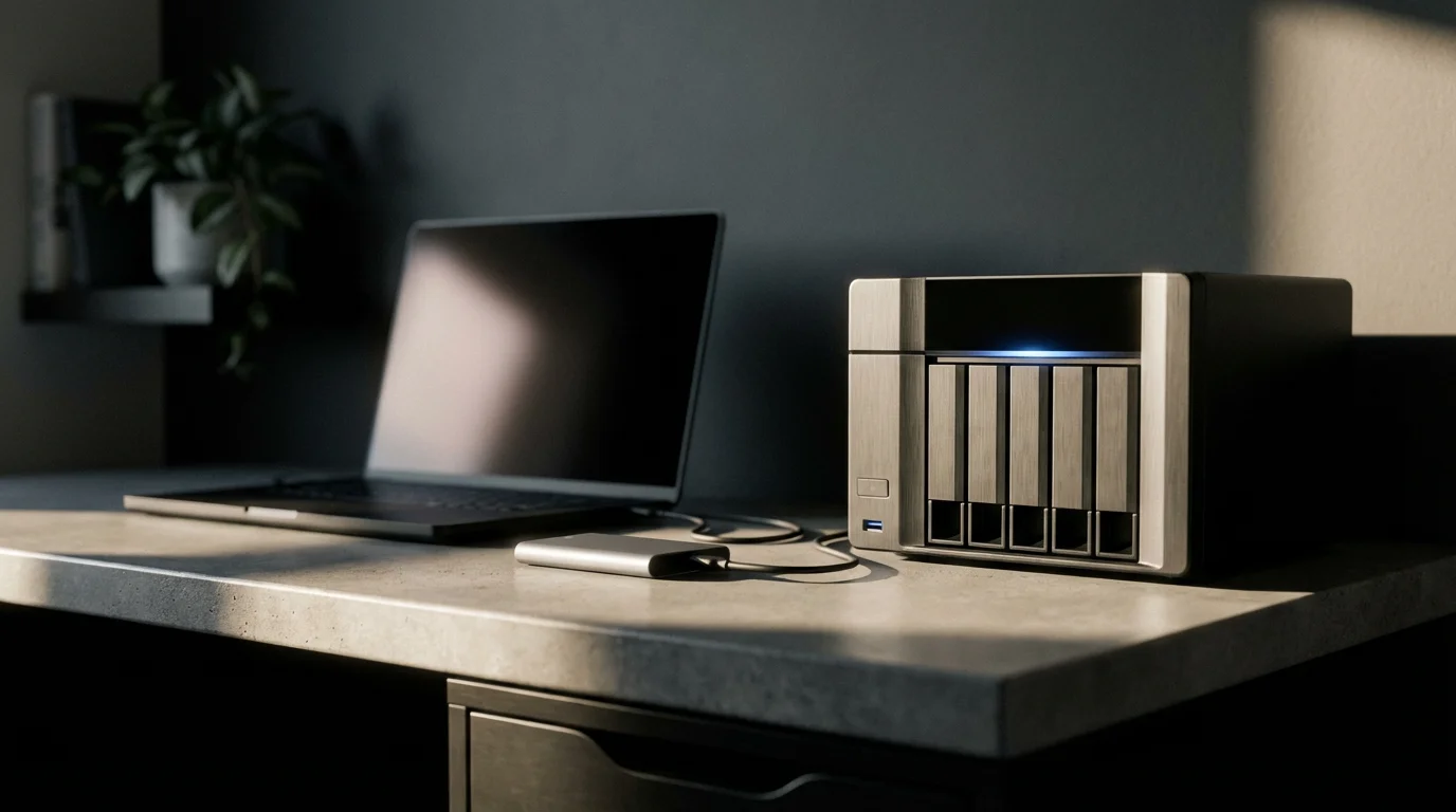 A modern desk with a laptop, external SSD, and a NAS backup drive.