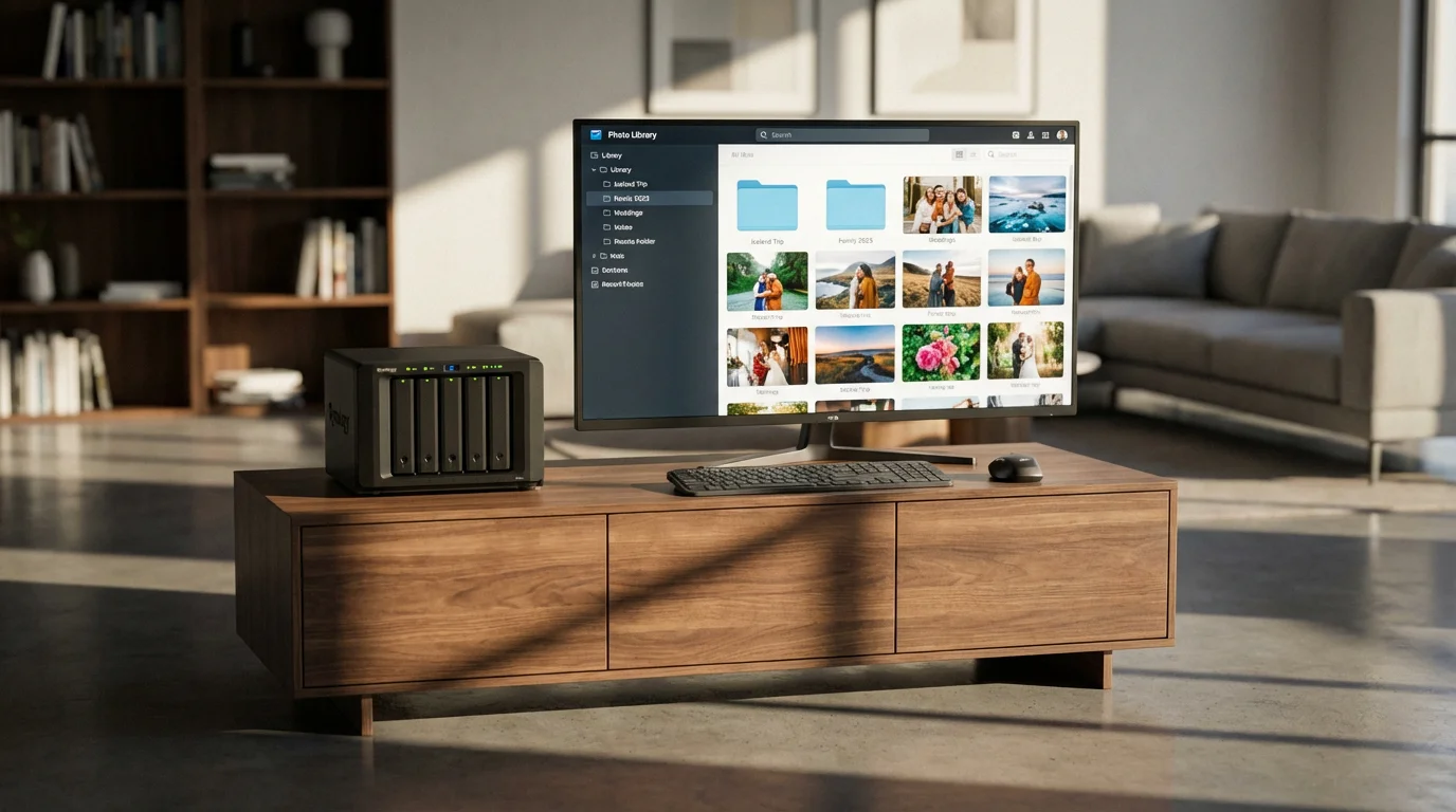 A modern digital photo hub with a NAS drive and computer showing an organized library.