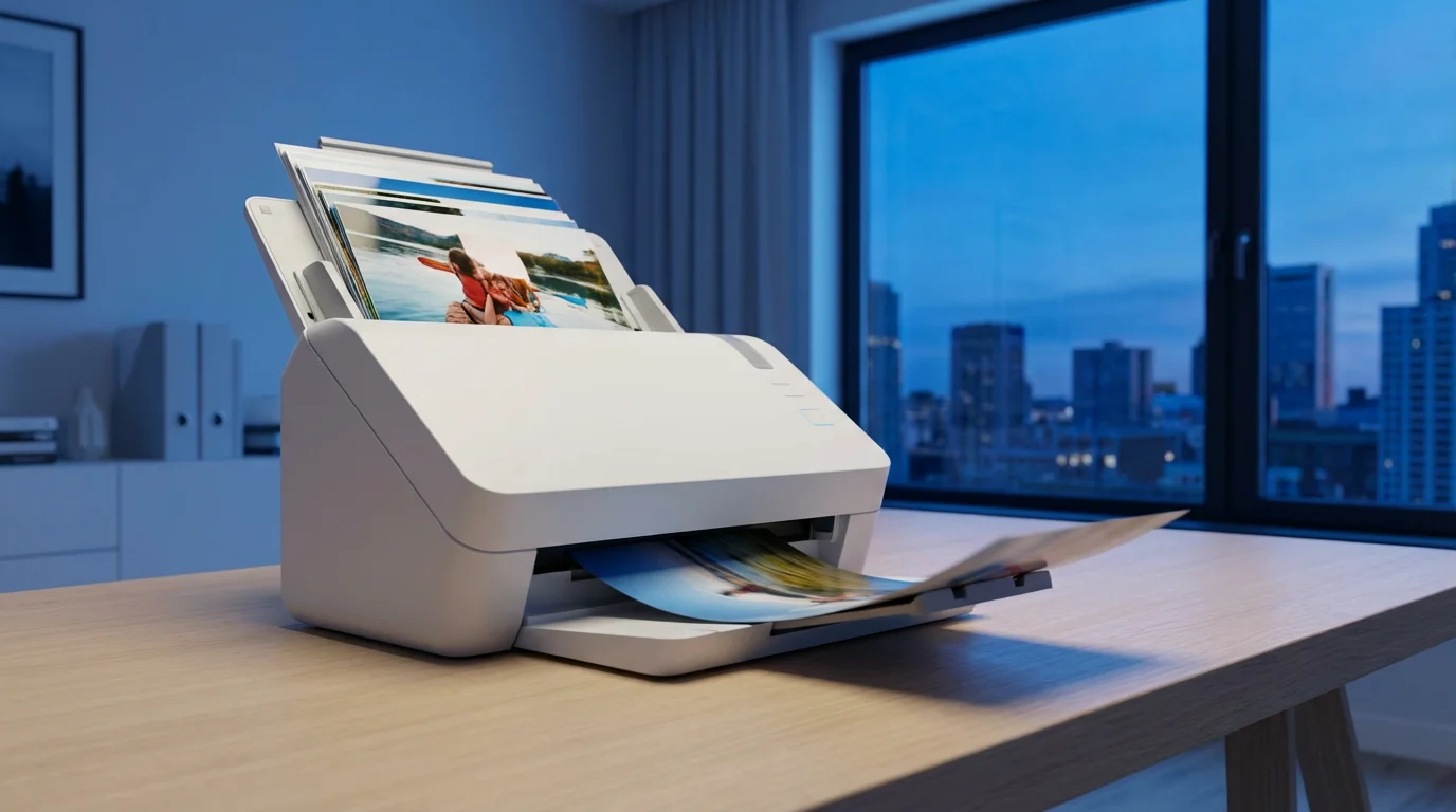A modern sheet-fed photo scanner on a desk automatically scanning a large stack of photos.