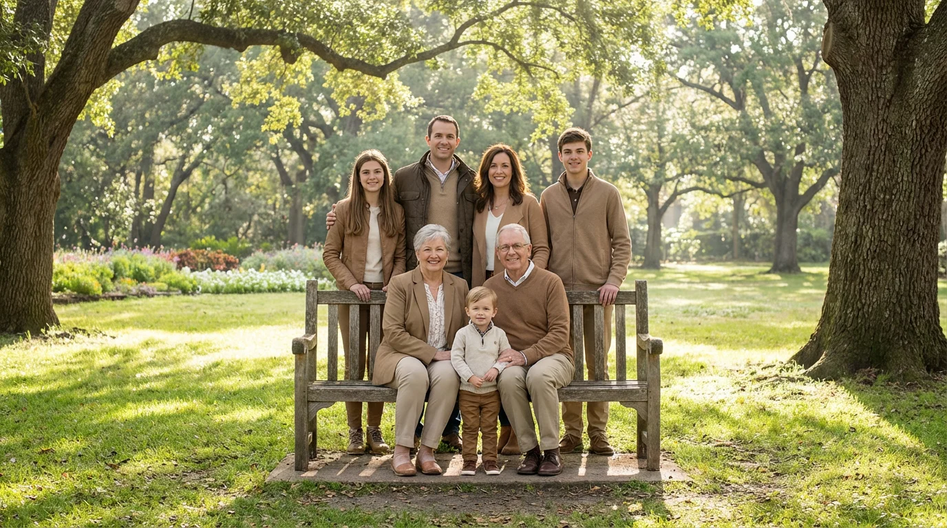 A multi-generational family posing for a planned professional portrait in a sunny park setting.