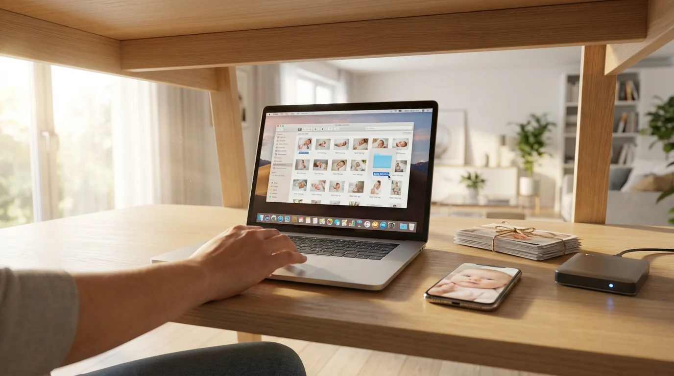 A parent at a sunlit desk organizing baby photos from a laptop and phone.
